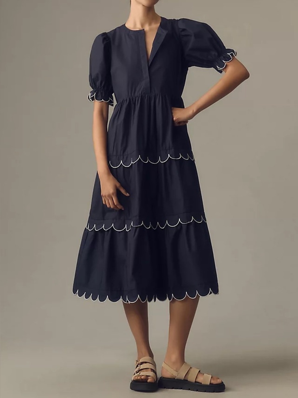 Anthropologie English Factory Short-Sleeve
Scallop-Edge Midi Dress in Navy